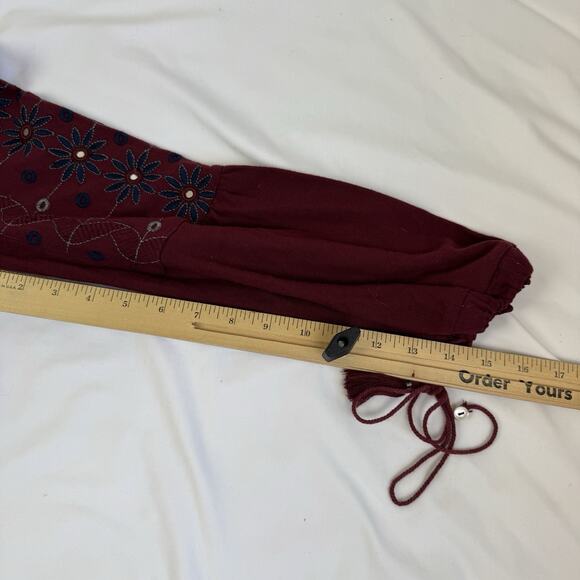 Free People Huh Fancy Peasant Blouse Top XS Burgundy Red Embroidered Mirror Bead - Picture 9 of 11